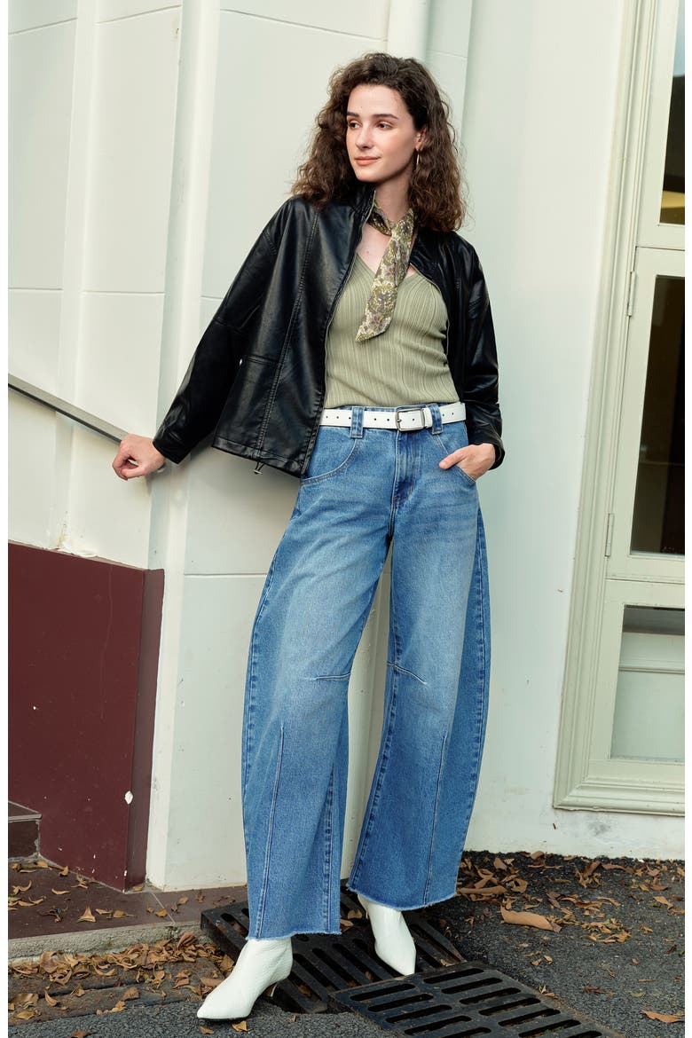 Frayed Mid Rise Drop Crotch Barrel Jeans, Alternate, color, MEDIUM BLUE