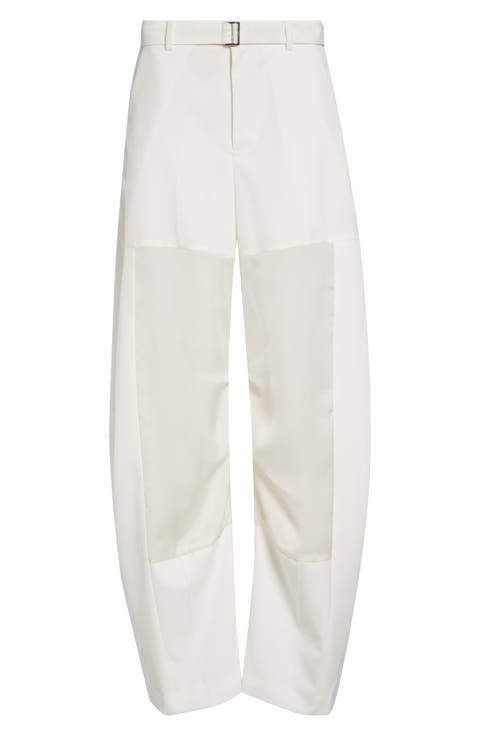 Belted Wool Suiting & Satin Barrel Leg Pants