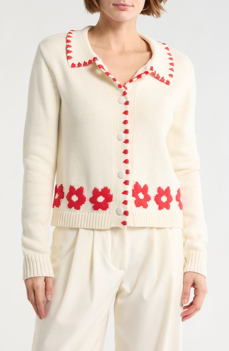 ELIE ELIE TAHARI Collared Buttoned Cardigan, Main, color, Ivory/ Red