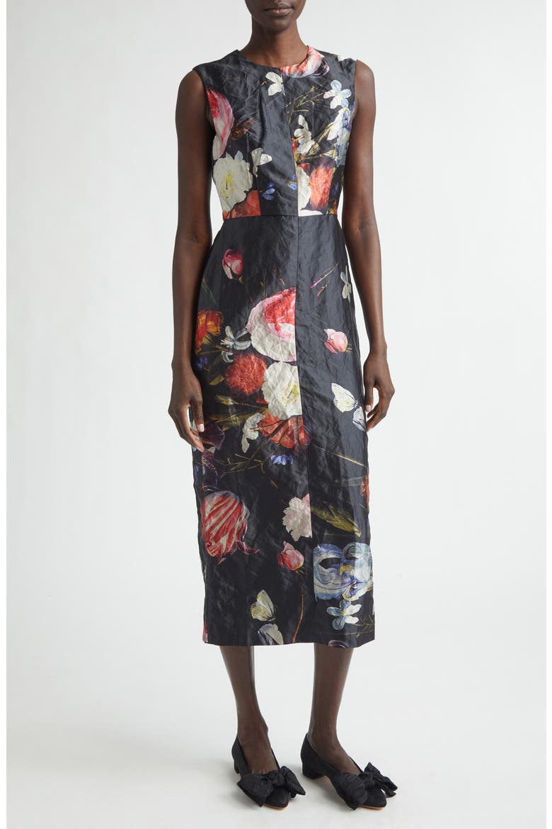 Floral Painting Crushed Metallic Satin Cocktail Dress, Main, color, DUTCH FLOWER PAINTING BLACK
