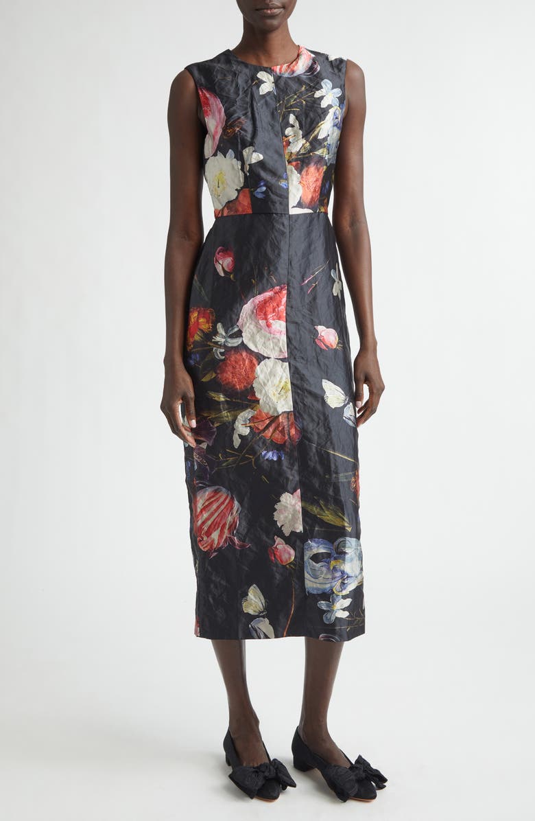 Erdem Floral Painting Crushed Metallic Satin Cocktail Dress, Main, color, Dutch Flower Painting Black
