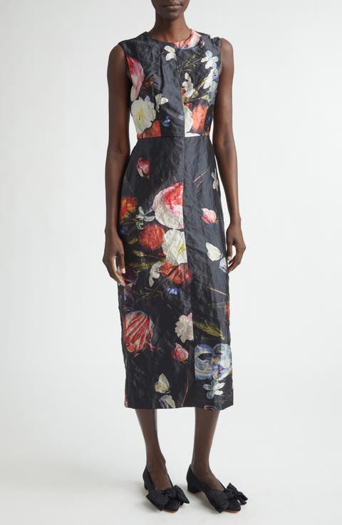 Floral Painting Crushed Metallic Satin Cocktail Dress