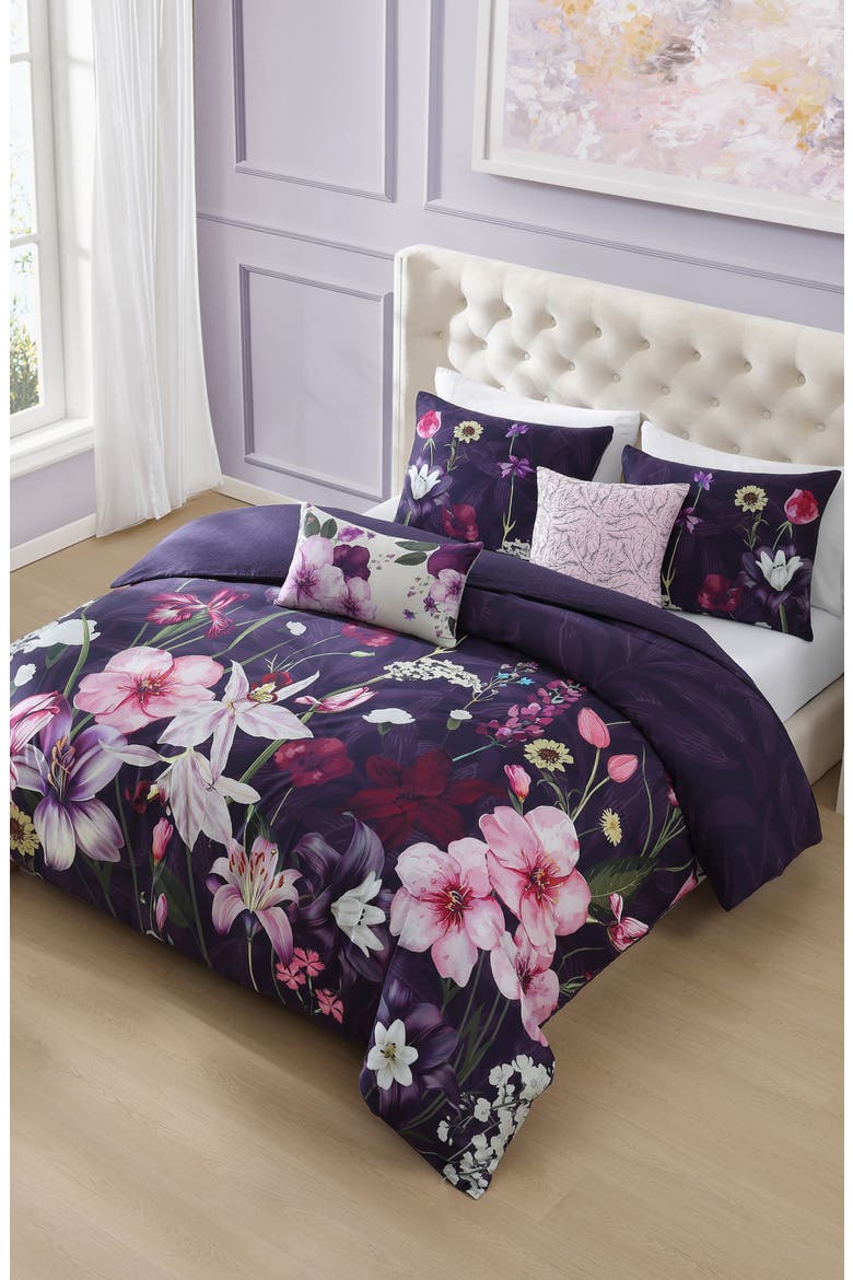 Morning Glory Reversible 5-Piece Comforter Set, Main, color, PURPLE