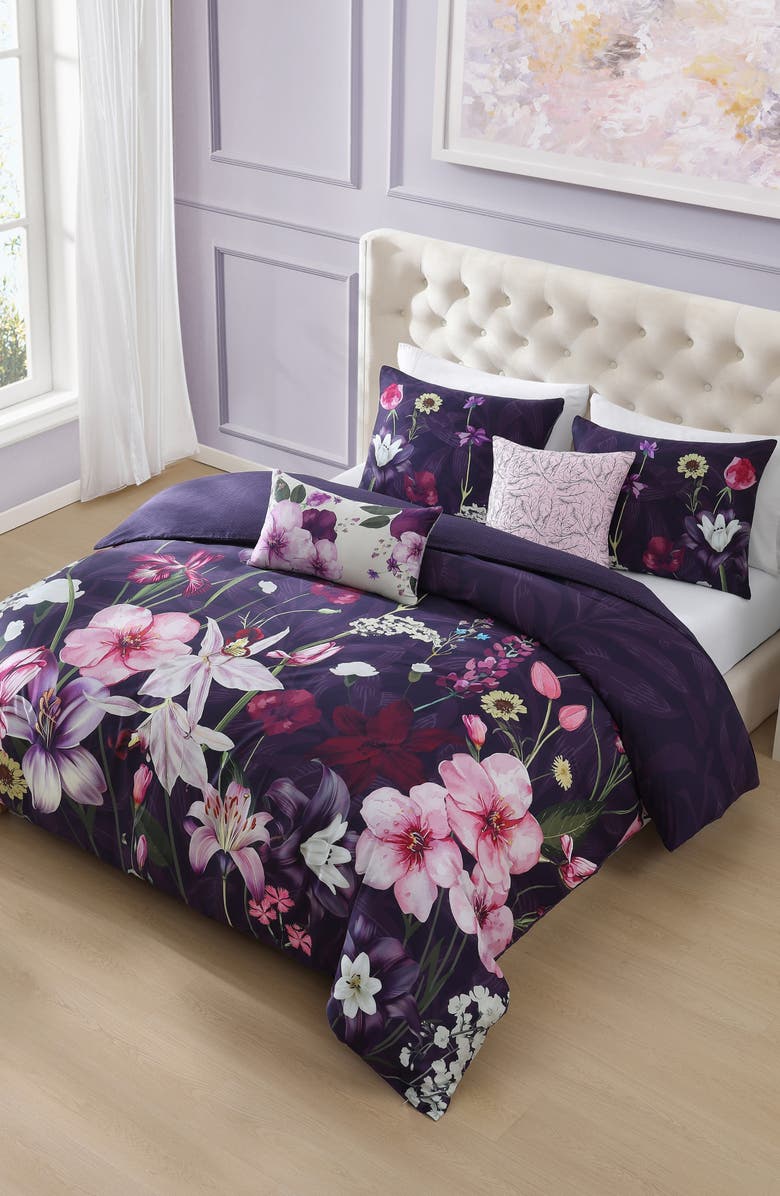 Bebejan Morning Glory Reversible 5-Piece Comforter Set, Main, color, Purple