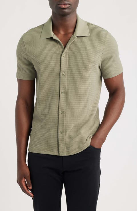 Grid Waffle Knit Button-Up Shirt