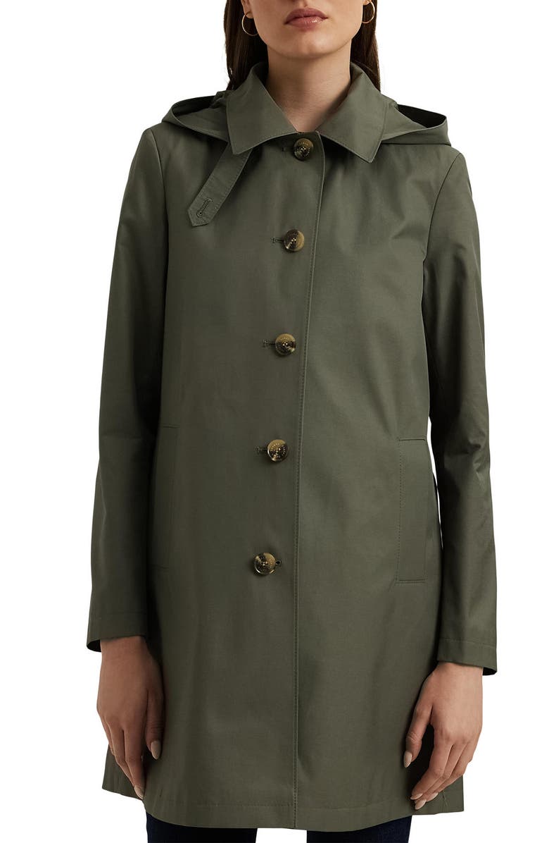 Lauren Ralph Lauren Balmacaan Hooded Raincoat, Main, color, Olive Fern