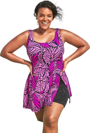 Swim 365 Side-Slit Swim Dress - 32, Bright Fuchsia Leaf