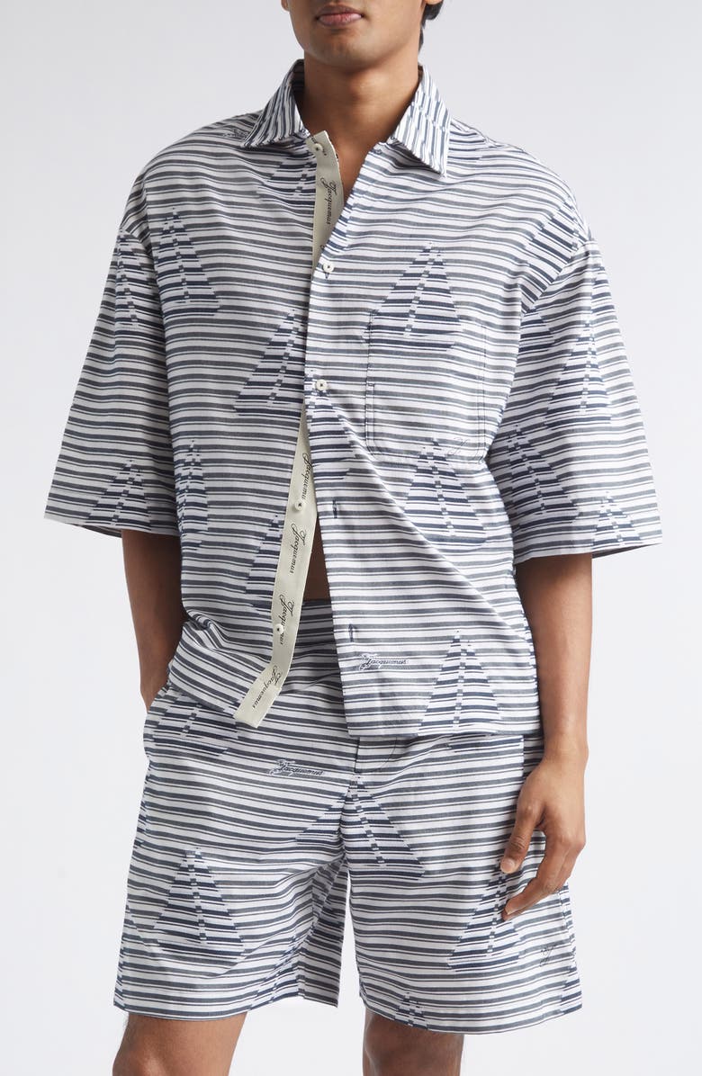 Jacquemus La Plage Stripe Short Sleeve Cotton Jacquard Button-Up Shirt, Main, color, Jacquard Boat Navy / White