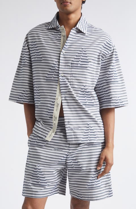 La Plage Stripe Short Sleeve Cotton Jacquard Button-Up Shirt