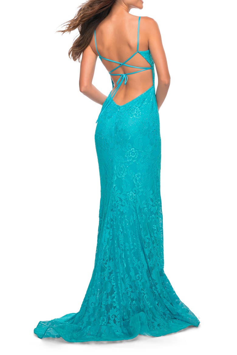 Neon Lace Prom Gown With Sheer Bodice and Tie Up Back, Alternate, color, AQUA