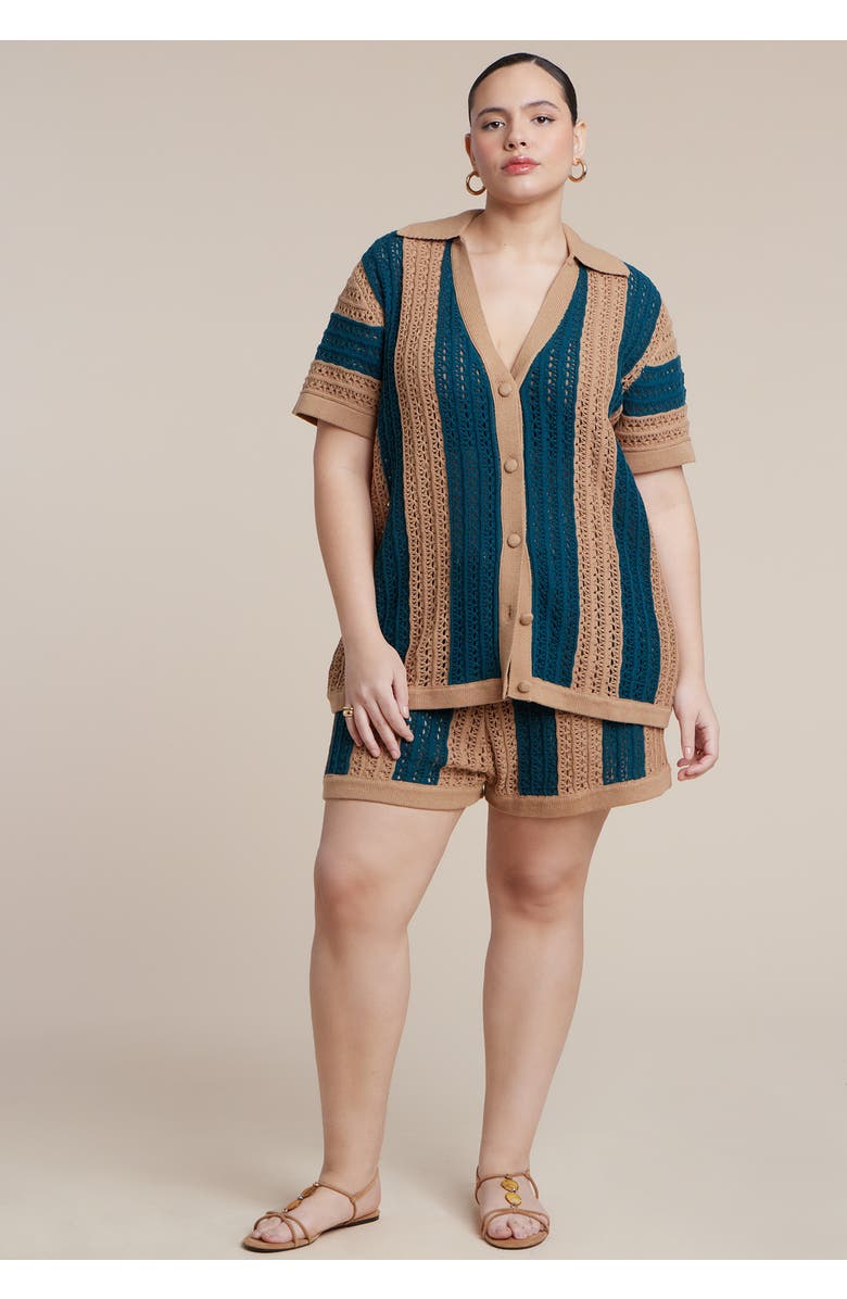 ELOQUII Oversized Crochet Button Up Top, Alternate, color, Celadon Stripe