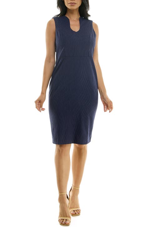 Pinstripe U Neck Sleeveless Midi Sheath Dress