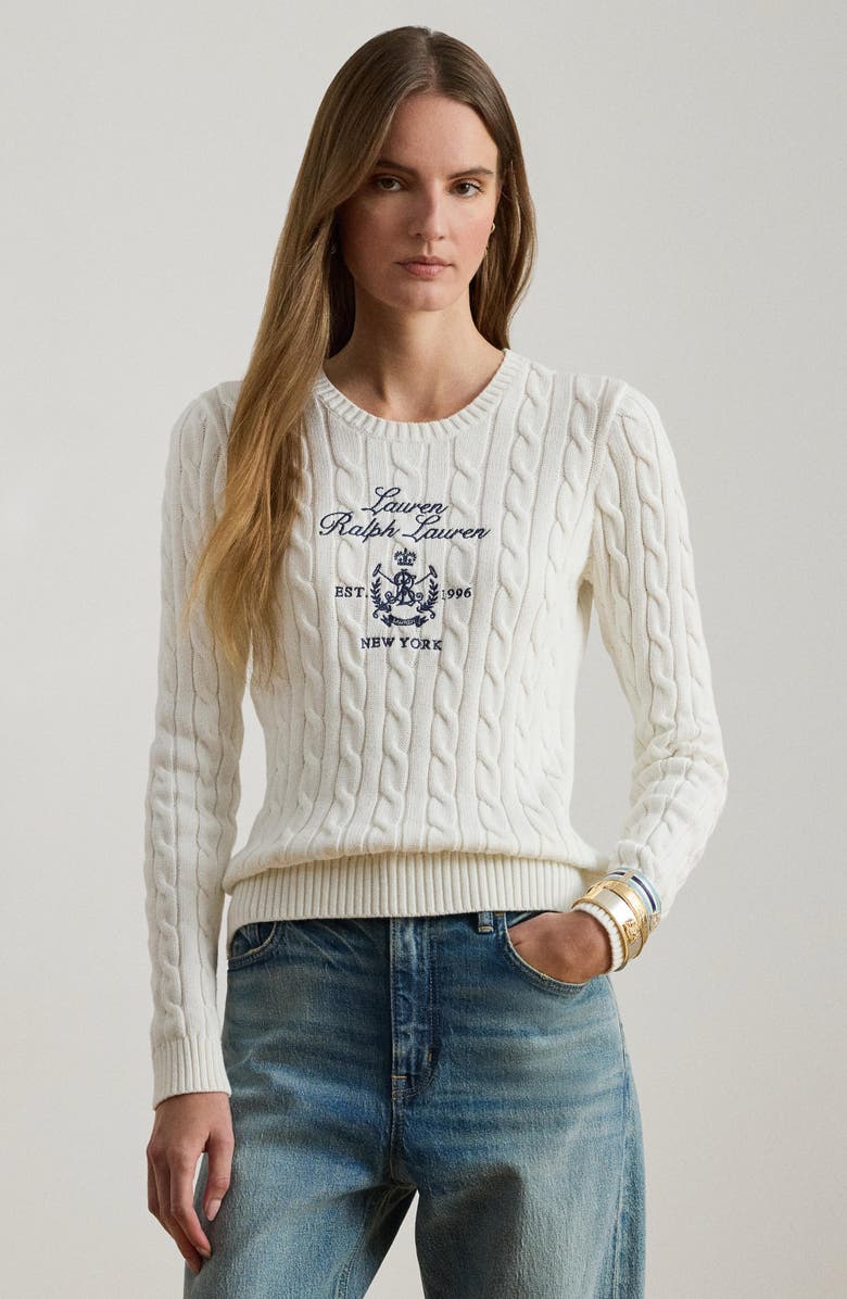 Lauren Ralph Lauren Cable Knit Embroidered Sweater, Alternate, color, White