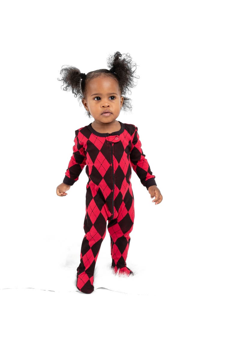 Kids Footed Printed Cotton Matching Family Holiday Pajamas, Argyles & Holiday Prints, Alternate, color, Argyle Black & Red
