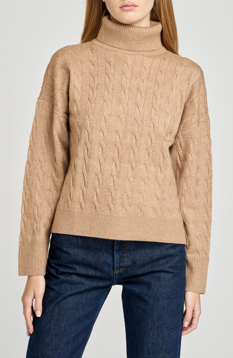 WAYF Sally Cable Knit Turtleneck Sweater, Main, color, Camel