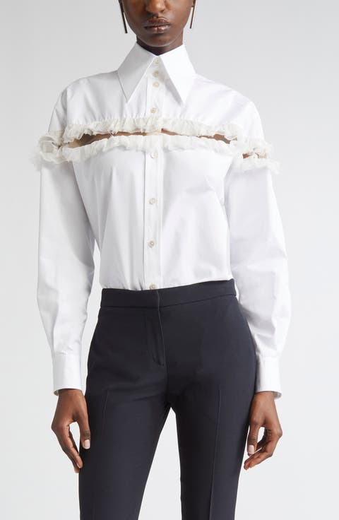 Ruffle Mesh Inset Cotton Button-Up Shirt