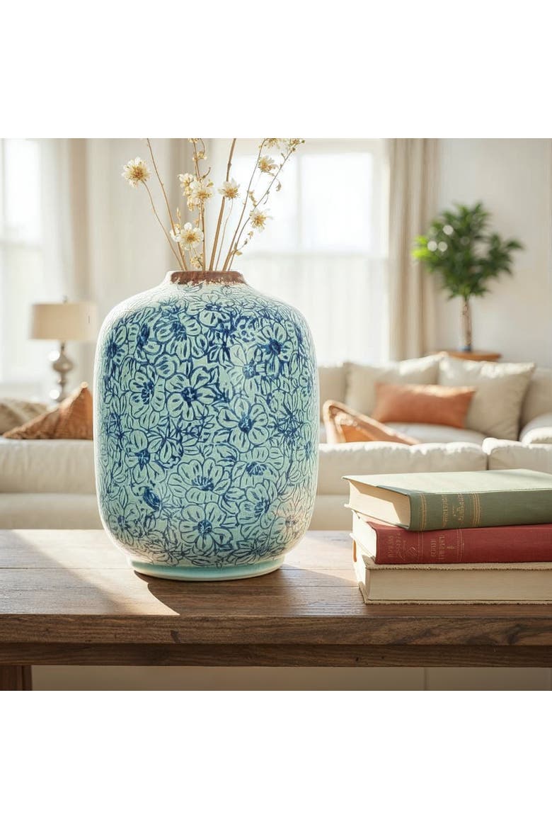 Decorative Round Terra-cotta Vase with Floral Pattern with Distressed Finish, Blue, Alternate, color, Blue