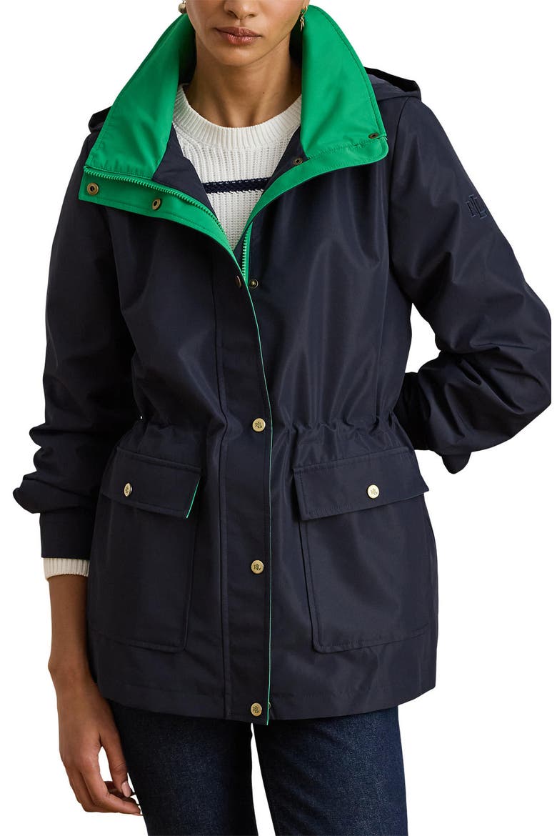 Hooded Contrast Trim Windbreaker, Main, color, DARK NAVY