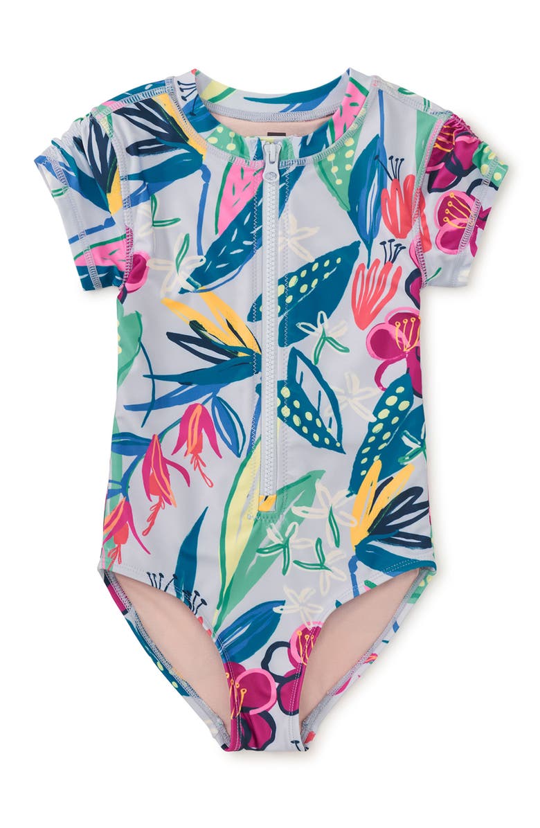 Tea Collection Rash Guard One-Piece Swimsuit 2.0, Main, color, Tropical Floral Burst