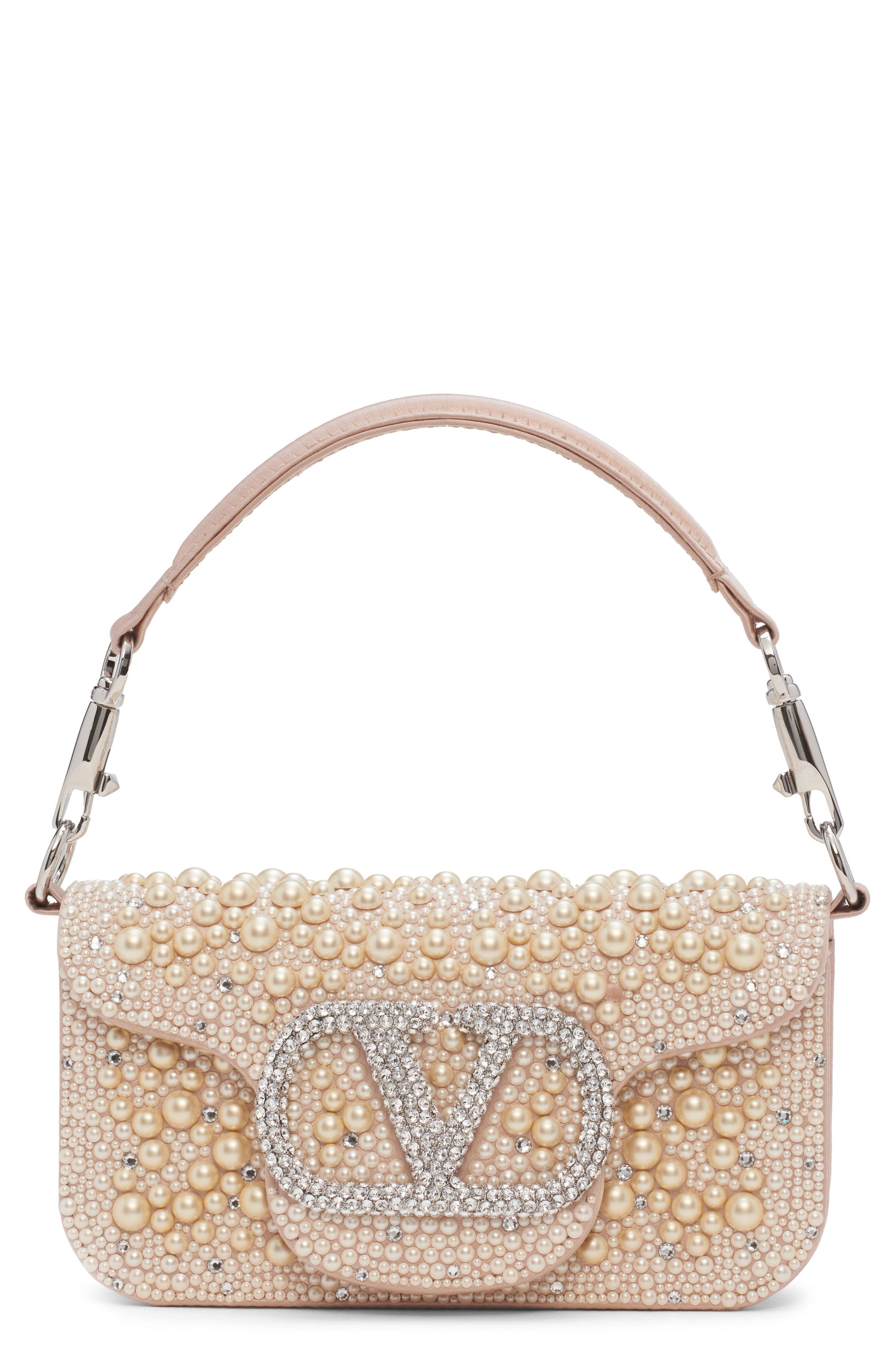 Valentino Garavani Small Locò VLOGO Faux Pearl & Crystal Embellished Satin Shoulder Bag, Main, color, White/ Cream