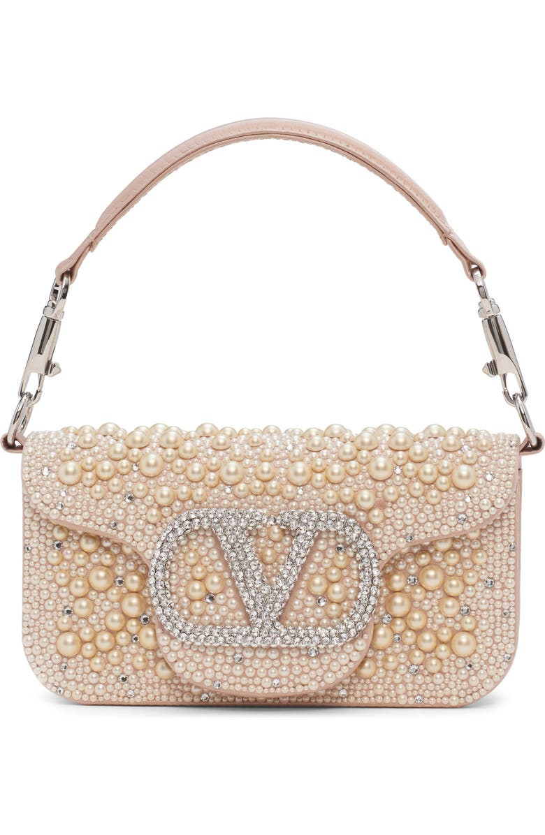 Valentino Garavani Small Locò VLOGO Faux Pearl & Crystal Embellished Satin Shoulder Bag, Main, color, White/ Cream