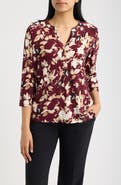 AK ANNE KLEIN Floral Print Three-Quarter Sleeve Henley