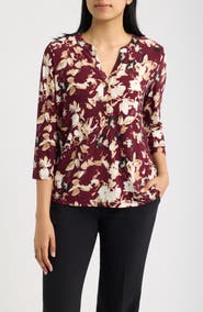 AK ANNE KLEIN Floral Print Three-Quarter Sleeve Henley