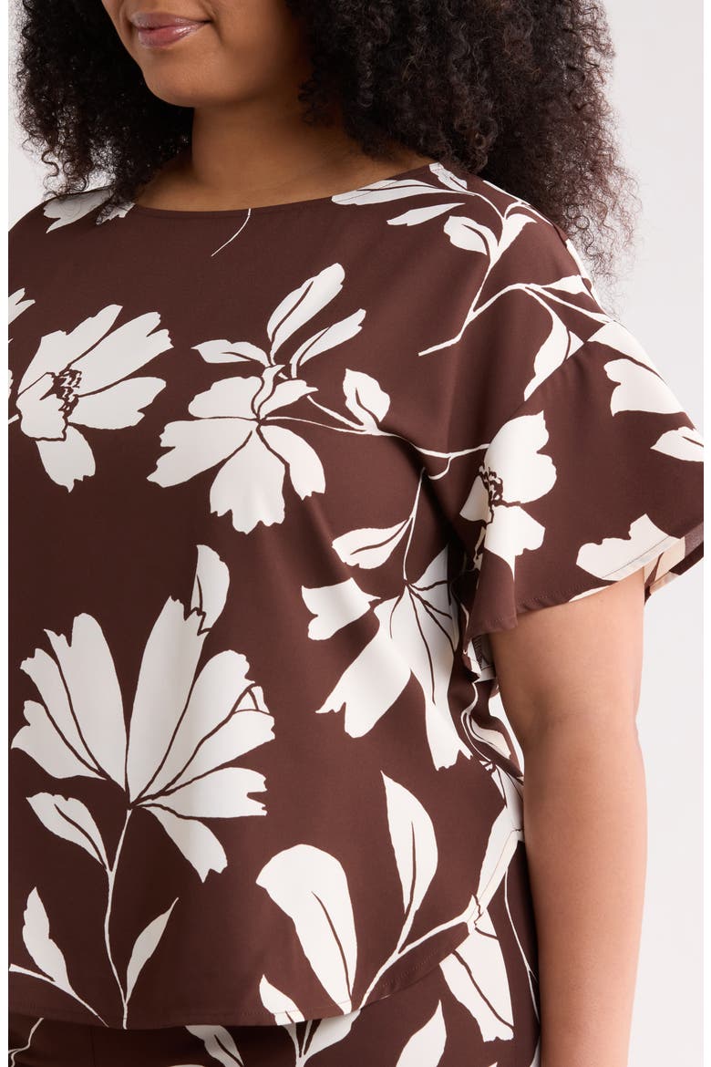 Floral Flutter Sleeve Bateau Neck Top, Alternate, color, DK CHOC/ WHT DV
