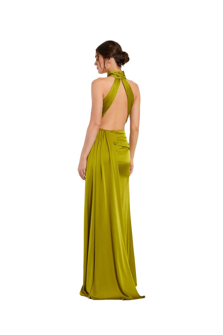 Petite Open Back High Neck Side Ruched Gown, Alternate, color, Olive