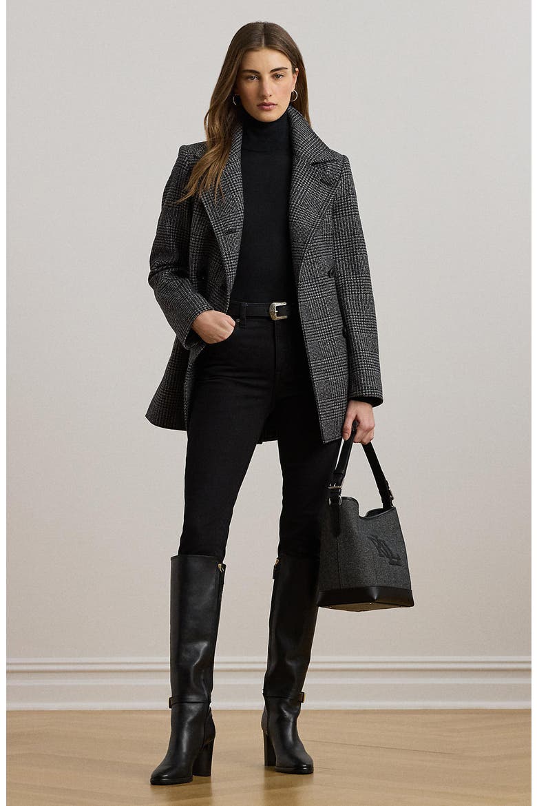 Belted Double Breasted Wool Blend Coat, Alternate, color, BLACK/ GREY PLAID