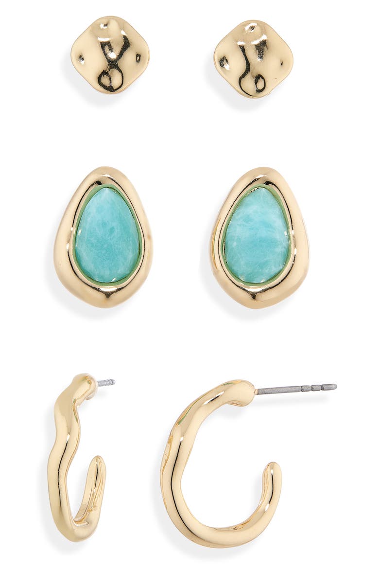 Set of 3 Molten Stud & Hoop Earrings, Main, color, TURQUOISE- GOLD