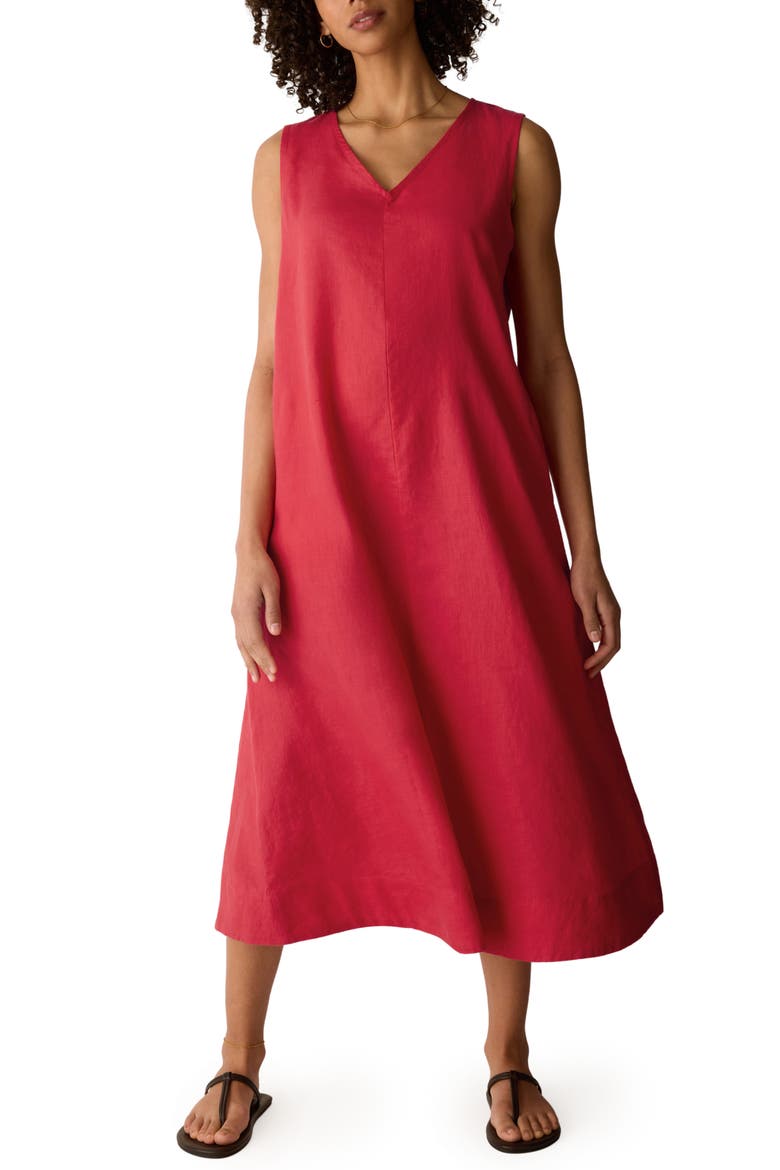 Sleeveless Organic Linen Midi Shift Dress, Main, color, GRENADINE