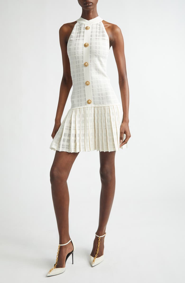 Balmain Tartan Tattoo Pleated Sweater Dress, Main, color, Natural