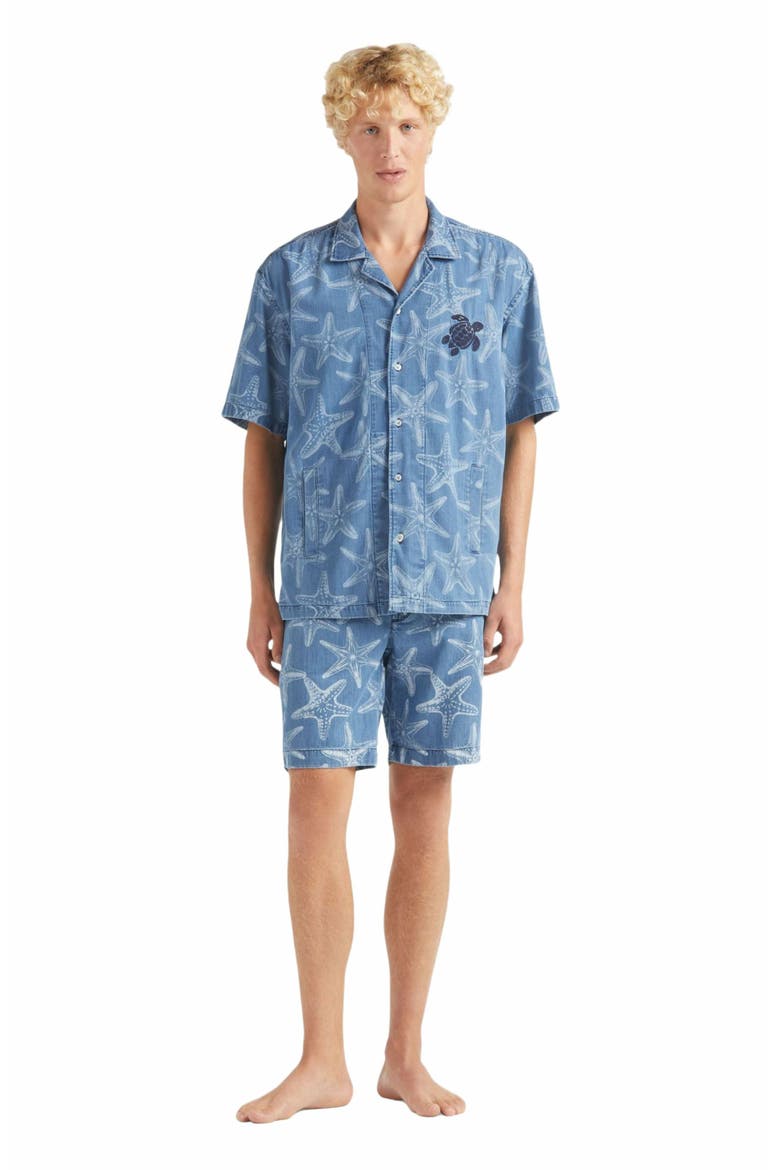 Men's Starfish Light Printed Denim Bowling Shirt, Main, color, BLEACH DENIM W4