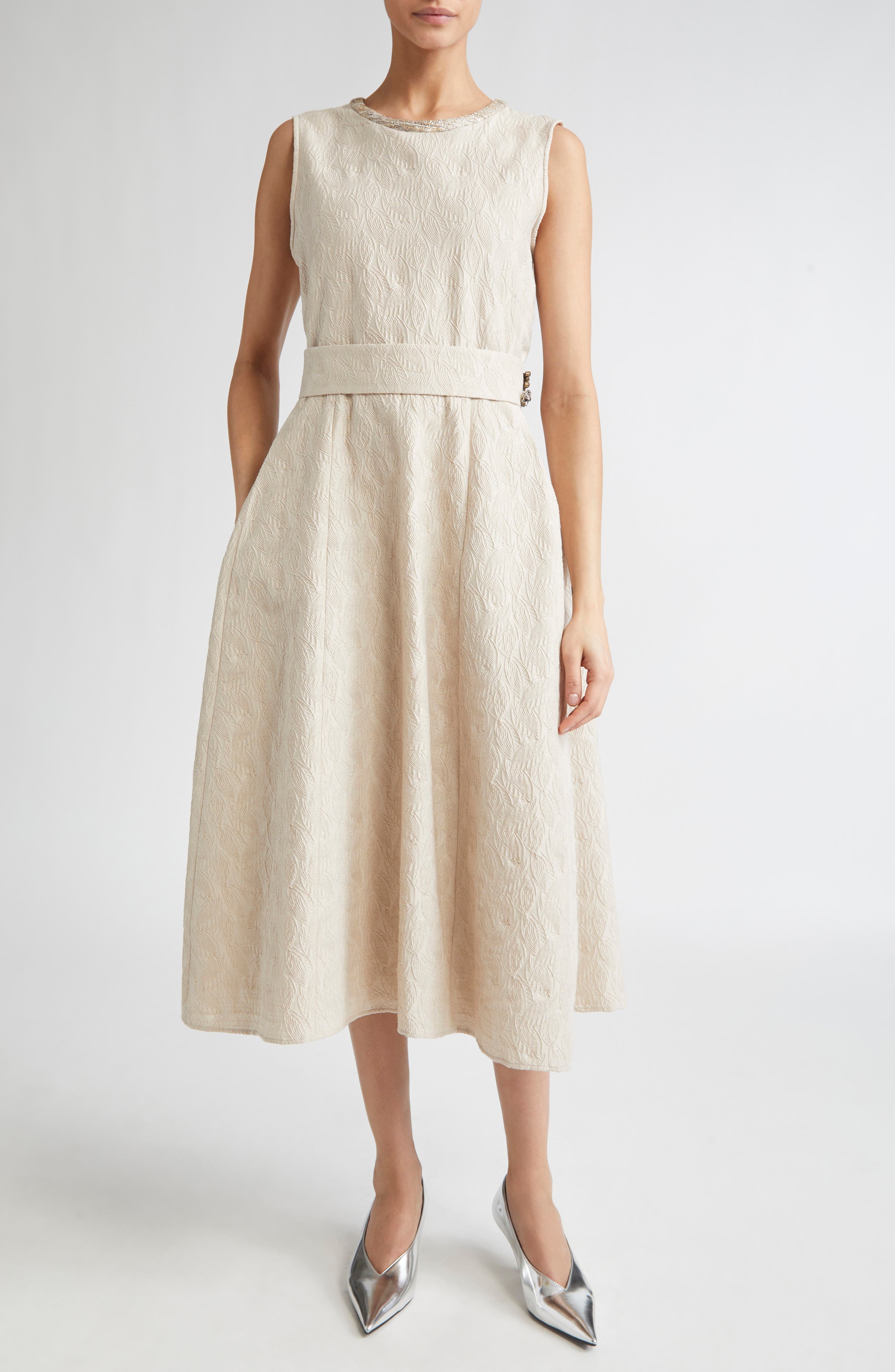 Carmen Leaf Jacquard Belted Midi Dress