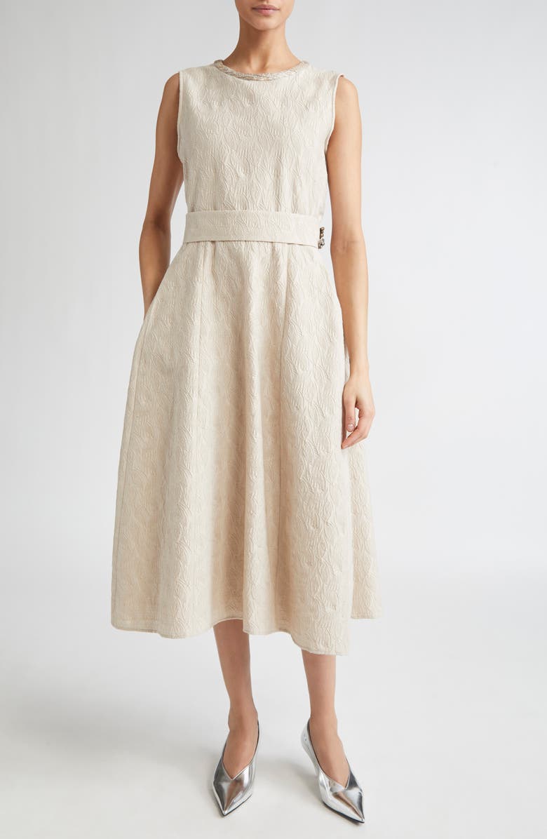 Max Mara Carmen Leaf Jacquard Belted Midi Dress, Main, color, Ecru