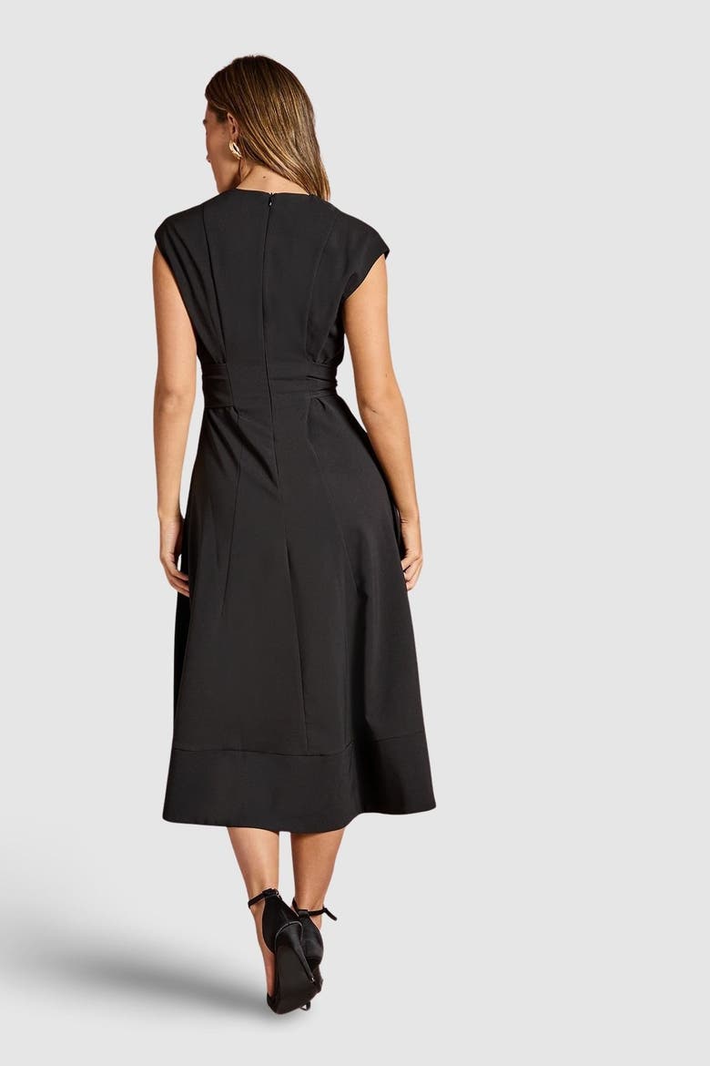 Belted Crepe V-Neck Midi Dress, Alternate, color, Black