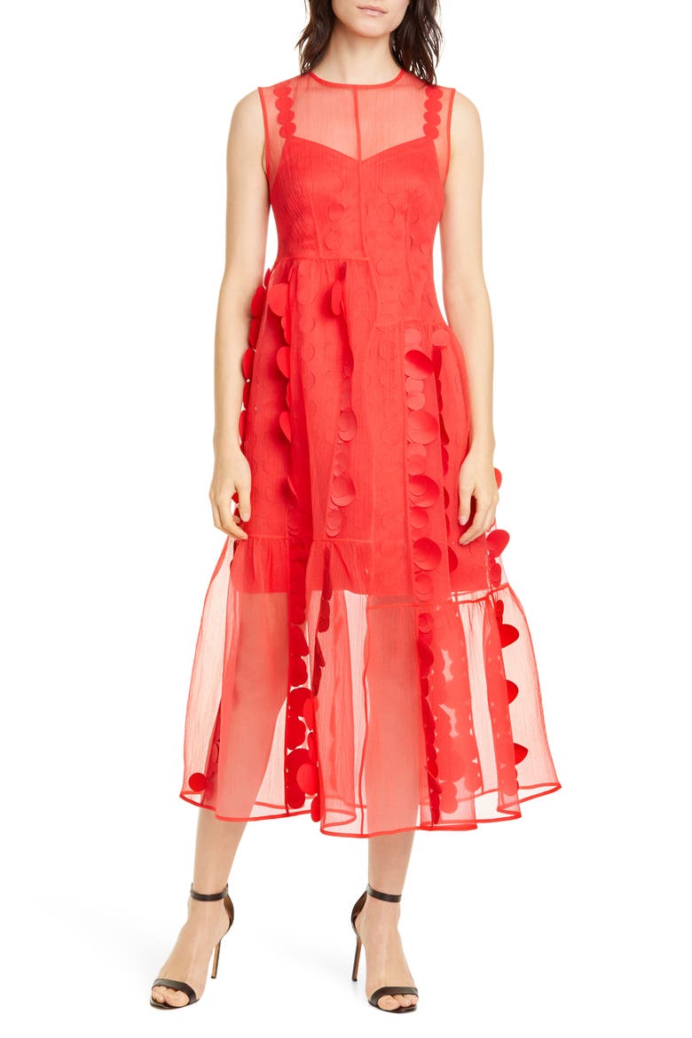 Laser Cut Circle Organza Midi Dress, Main, color, RED