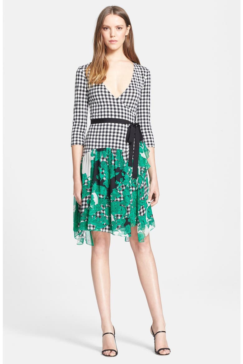 'Riviera' Gingham Print Silk Wrap Dress, Main, color, GREEN MULTI