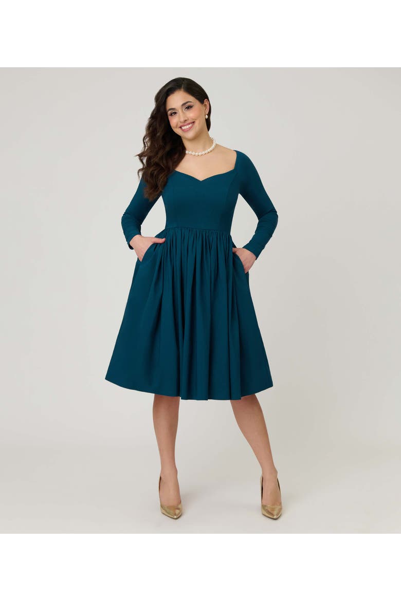 Sweetheart Long Sleeve Swing Dress, Main, color, Green Solid
