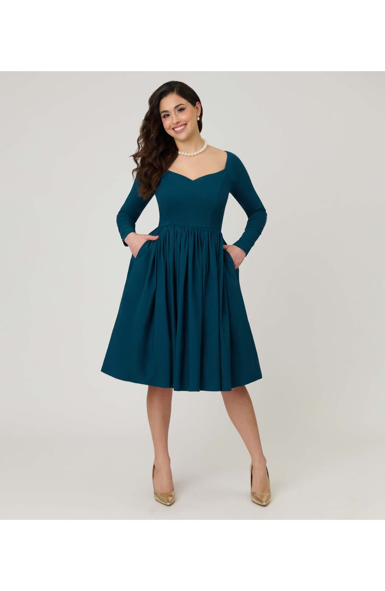 Unique Vintage Sweetheart Long Sleeve Swing Dress, Main, color, Green Solid