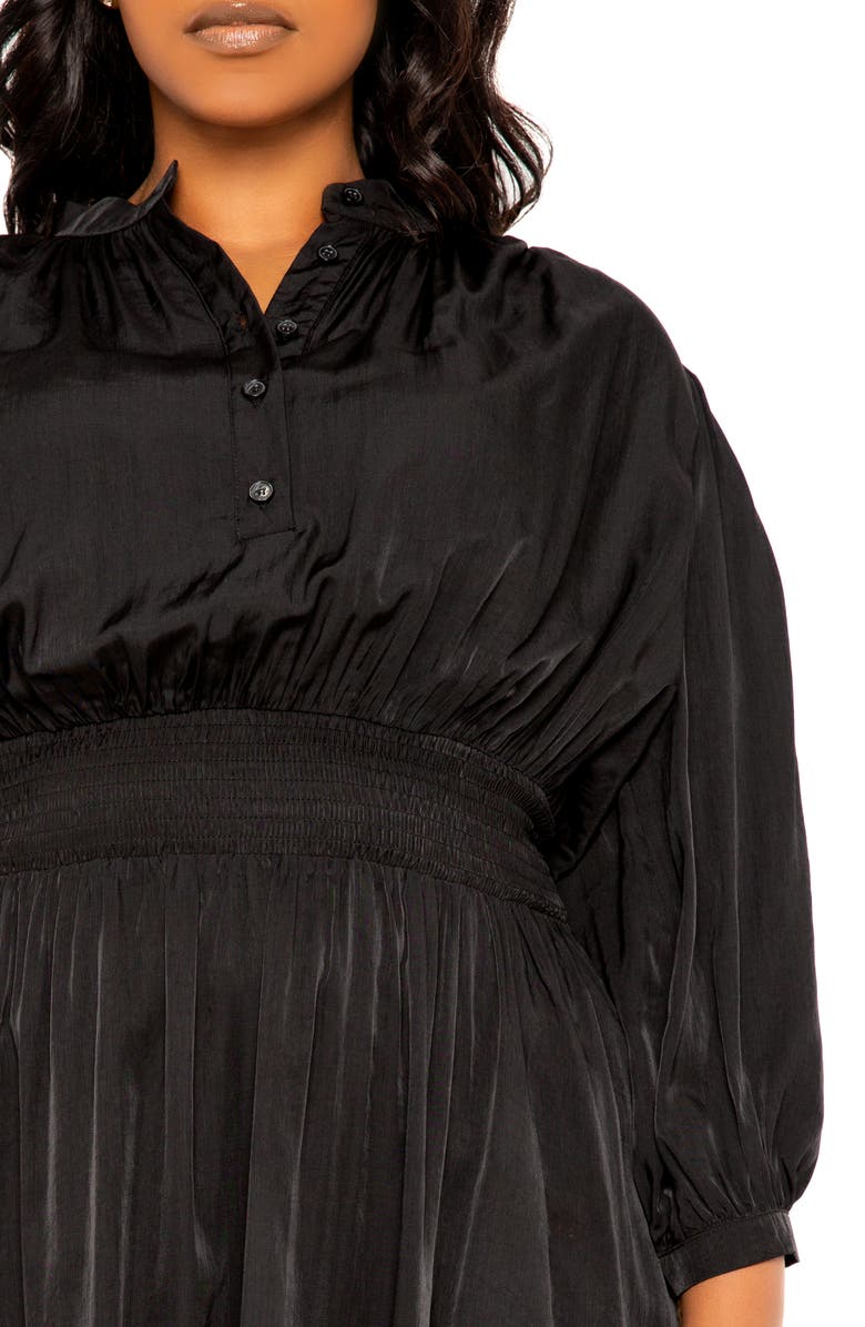 BUXOM COUTURE Smocked Long Sleeve Satin Dress, Alternate, color, Black