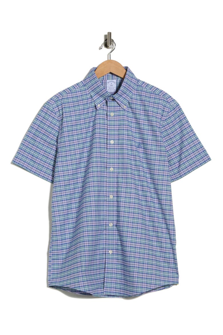 Regular Fit Non-Iron Stretch Oxford Short Sleeve Button-Down Shirt, Alternate, color, LAVENDER ARCTIC PLAID