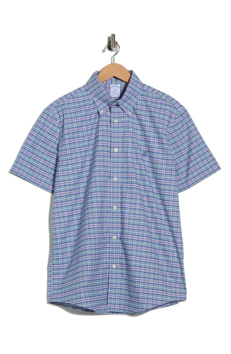 Brooks Brothers Regular Fit Non-Iron Stretch Oxford Short Sleeve Button-Down Shirt, Main, color, Lavender Arctic Plaid