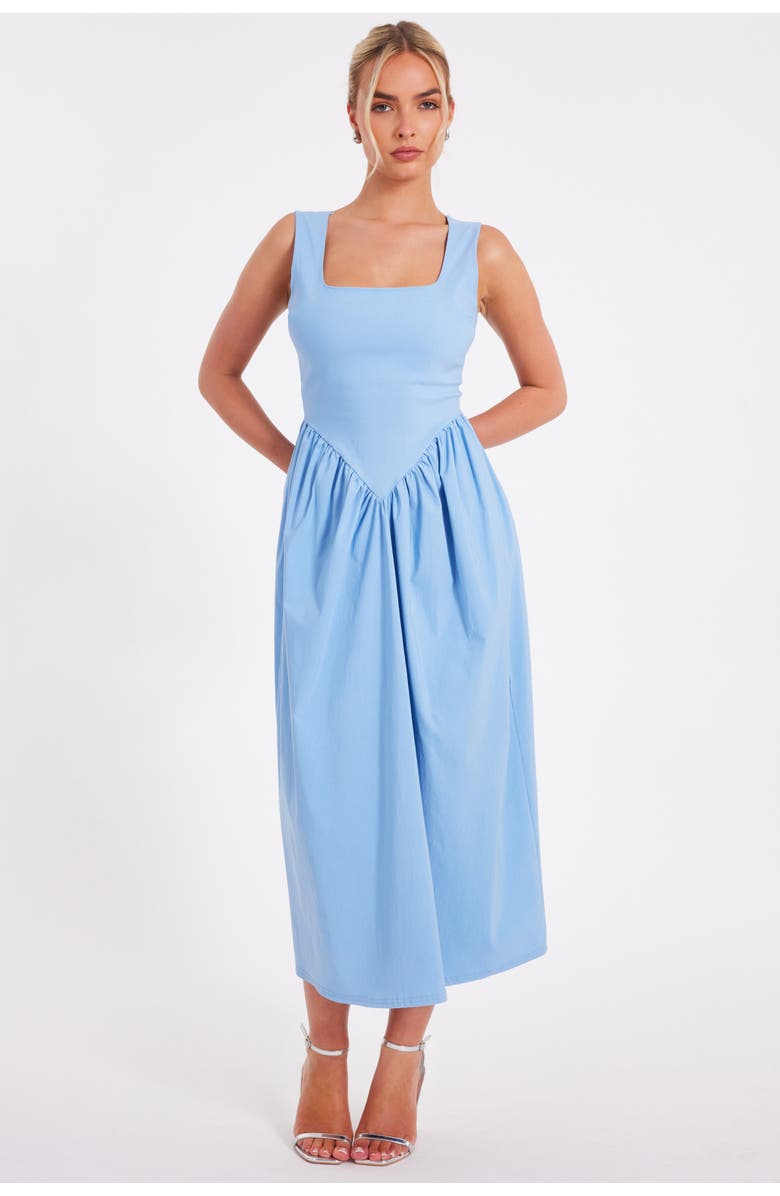 QUIZ Bengaline Square Neck Drop Waist Midi Dress, Main, color, Light Blue