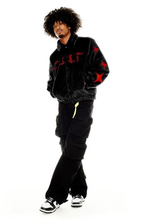 Cult Of Individuality Embroidered Faux Fur Jacket In Black