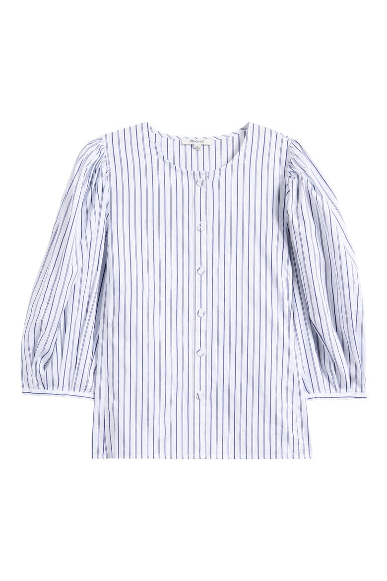 Puff-Sleeve Button-Up Top in Stripe, Alternate, color, DARK BLUE WHITE STRIPE