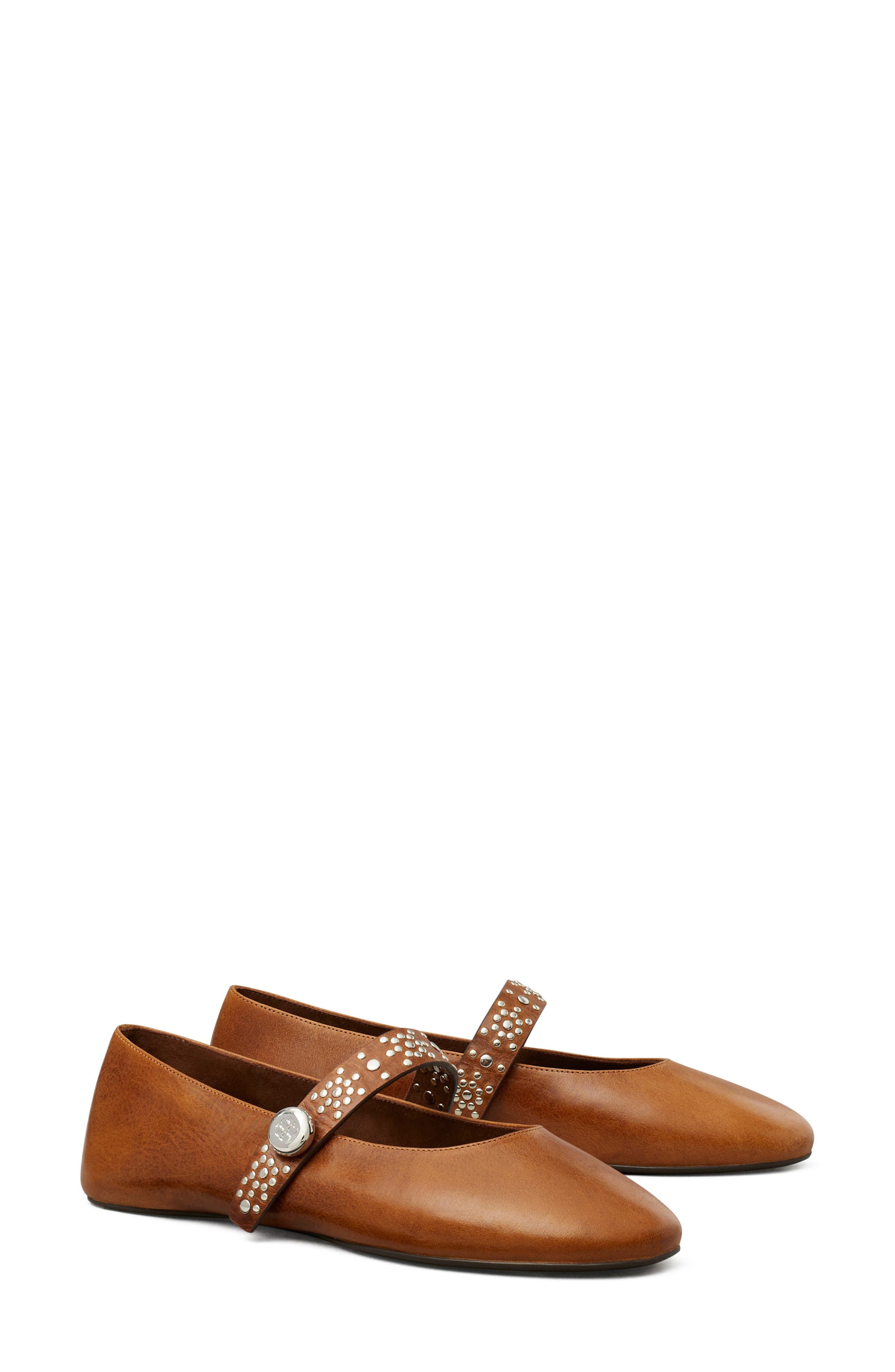 Romy Stud Leather Mary Jane Flat, Main, color, COGNAC