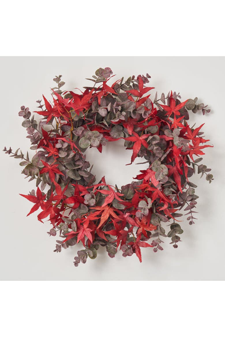 Autumn Evenings - Red Japanese Maple Leaf & Dusty Plum Botanical Eucalyptus Fall Front Door Wreath, Main, color, Red
