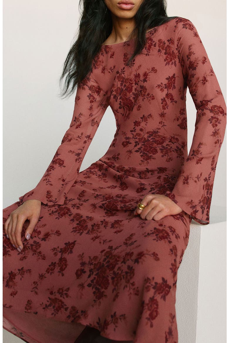 Esra Floral Print Long Sleeve Dress, Alternate, color, CLARETTE